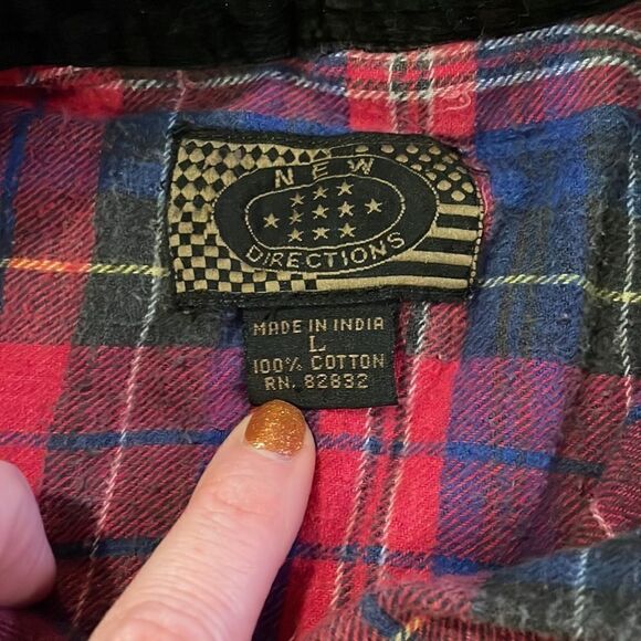 Pre-Owned New Directions Womens Plaid Flannel w/Corduroy Collar Button Down LG - Picture 5 of 5